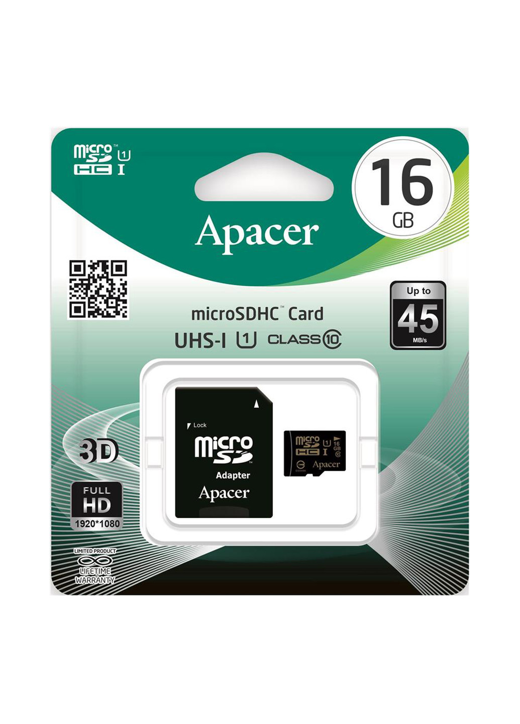 Карта пам'яті microSDHC 16GB C10 UHS-I + SD-adapter (AP16GMCSH10U1-R) Apacer Карта памяти Apacer microSDHC 16GB C10 UHS-I + SD-adapter (AP16GMCSH10U1-R) чорні