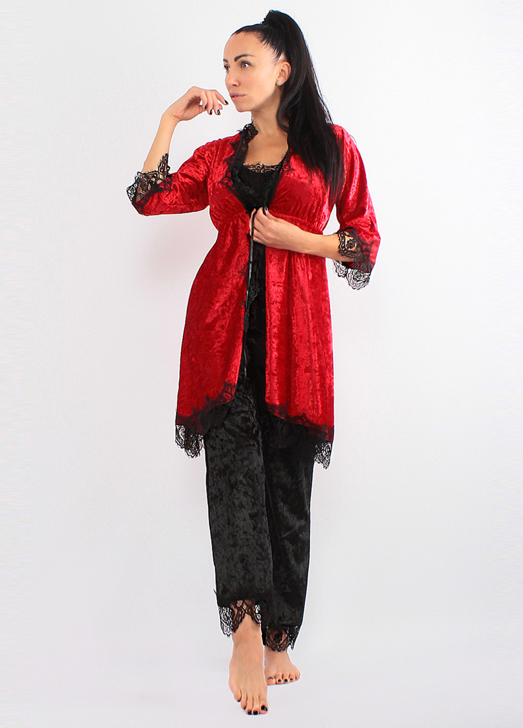 Червоний демісезонний комплект (халат, майка, штани) Ghazel