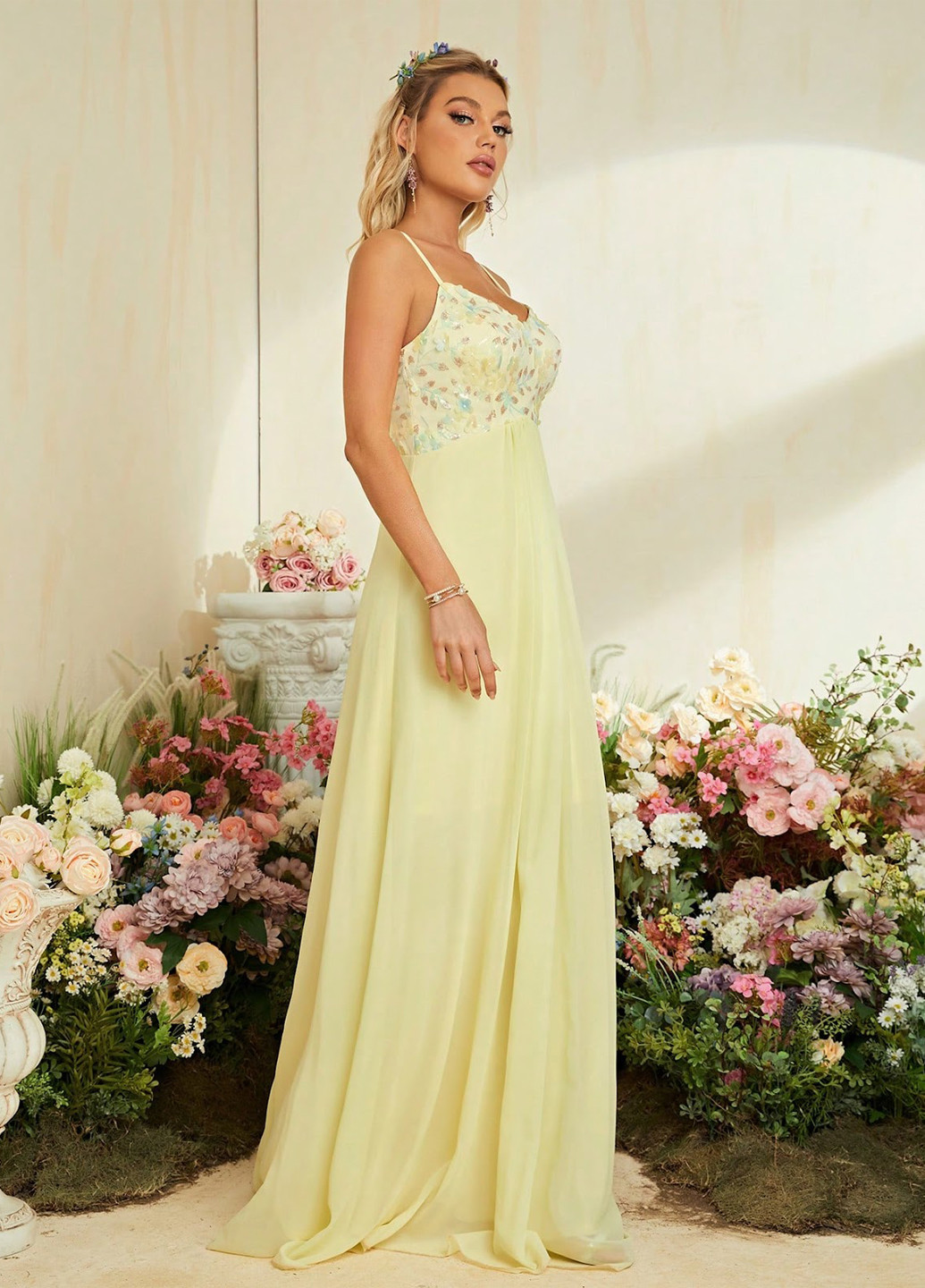 Світло-жовтий вечірня сукня з відкритою спиною, в стилі армпір SHEIN однотонна