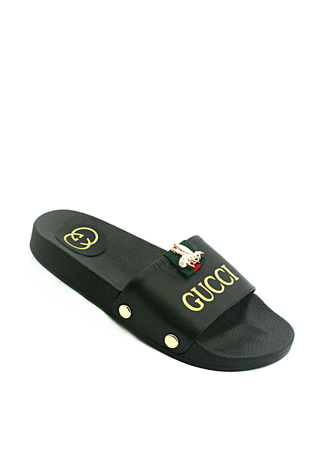 Черные шлепанцы Gucci с аппликацией, с заклепками, с логотипом