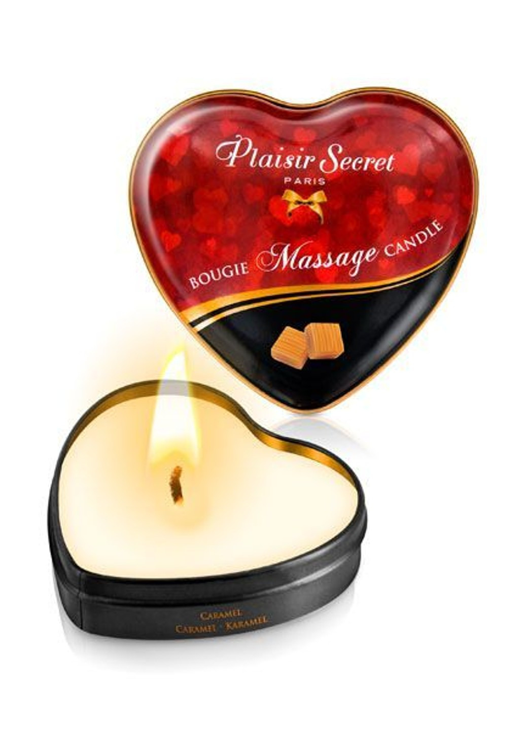 Масажна свічка сердечко Caramel (35 мл) Plaisirs Secrets (252383412)
