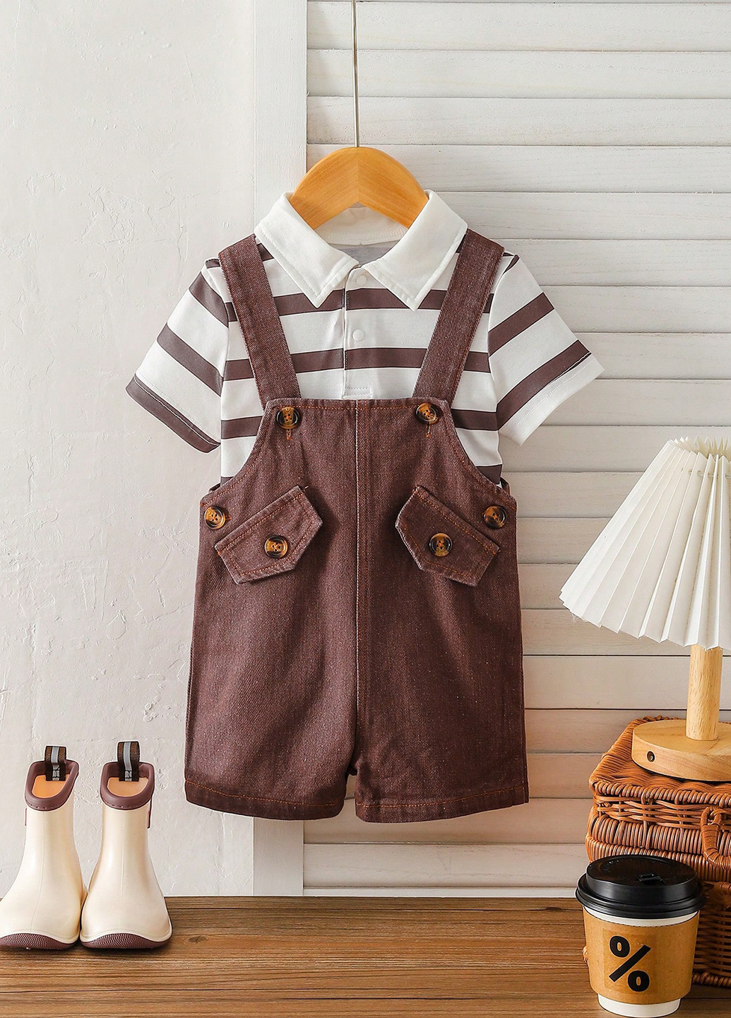 Коричневый летний костюм (поло, шорты) с шортами SHEIN