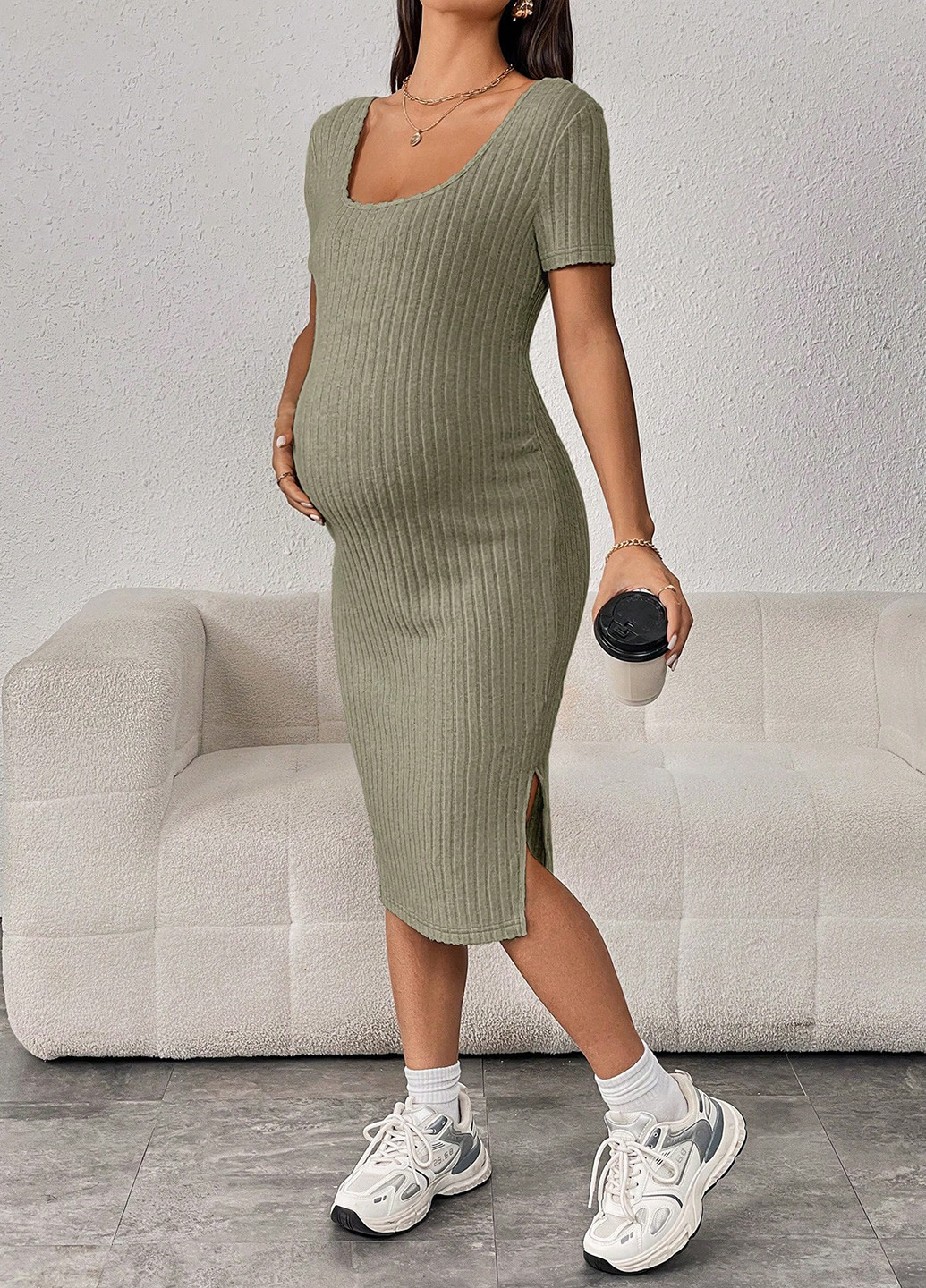 Серо-зеленое кэжуал платье для беременных платье-футболка, силуэтная SHEIN меланжевое