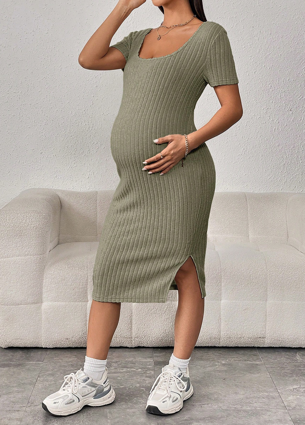 Серо-зеленое кэжуал платье для беременных платье-футболка, силуэтная SHEIN меланжевое