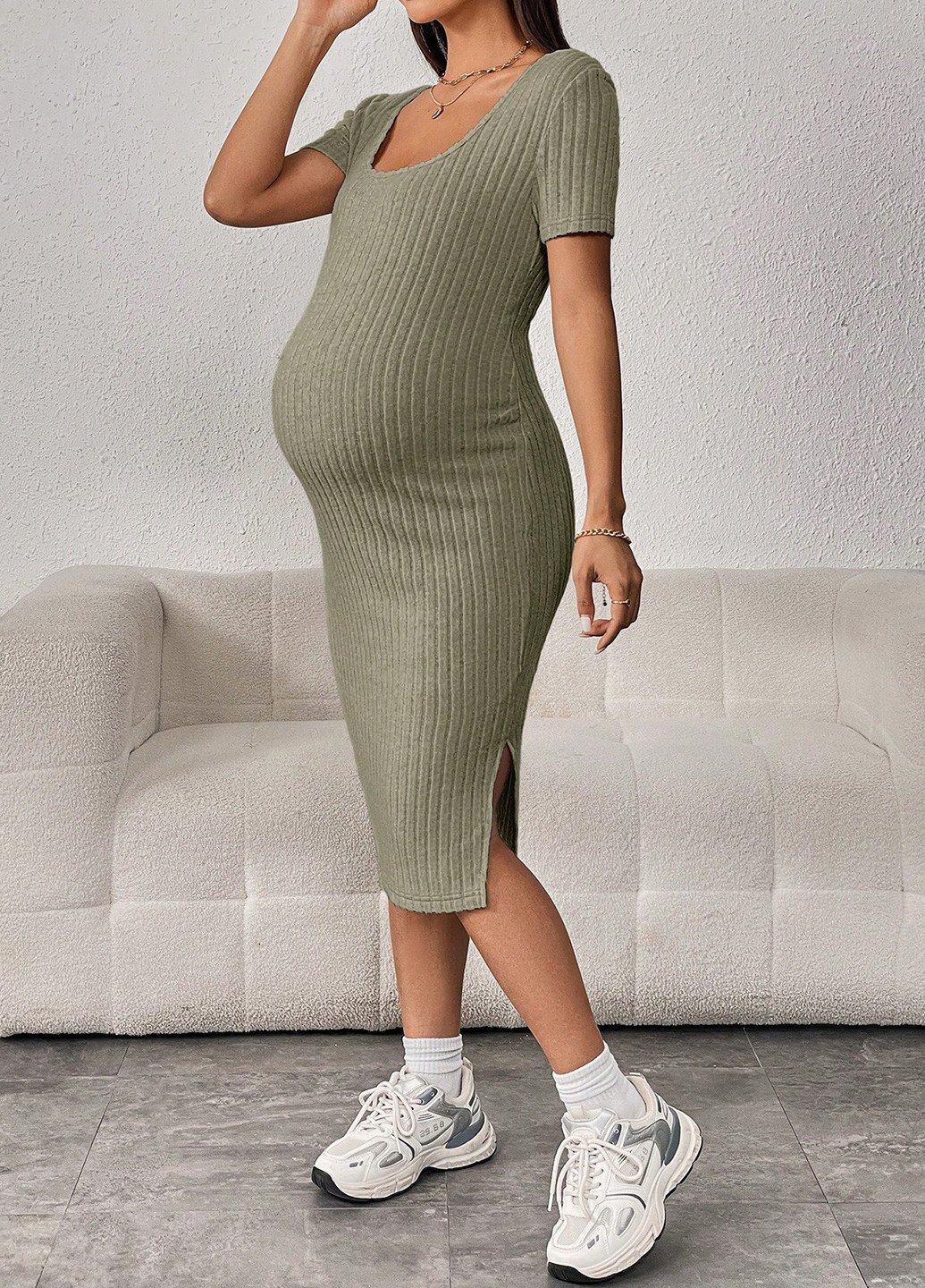 Серо-зеленое кэжуал платье для беременных платье-футболка, силуэтная SHEIN меланжевое