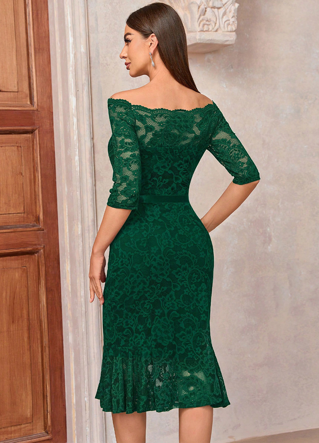 Темно-зелена святковий, коктейльна, вечірня сукня годе, з відкритими плечима SHEIN однотонна