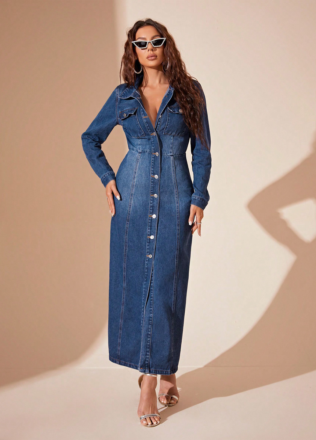 Темно-синя джинсова, кежуал сукня сукня-сорочка SHEIN однотонна