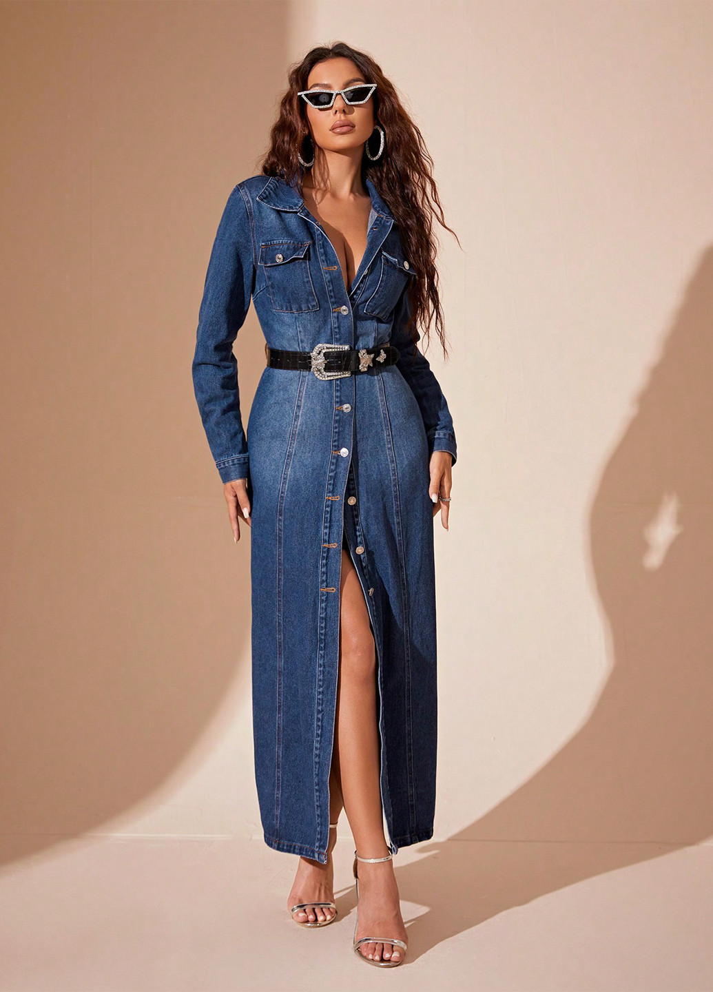 Темно-синя джинсова, кежуал сукня сукня-сорочка SHEIN однотонна