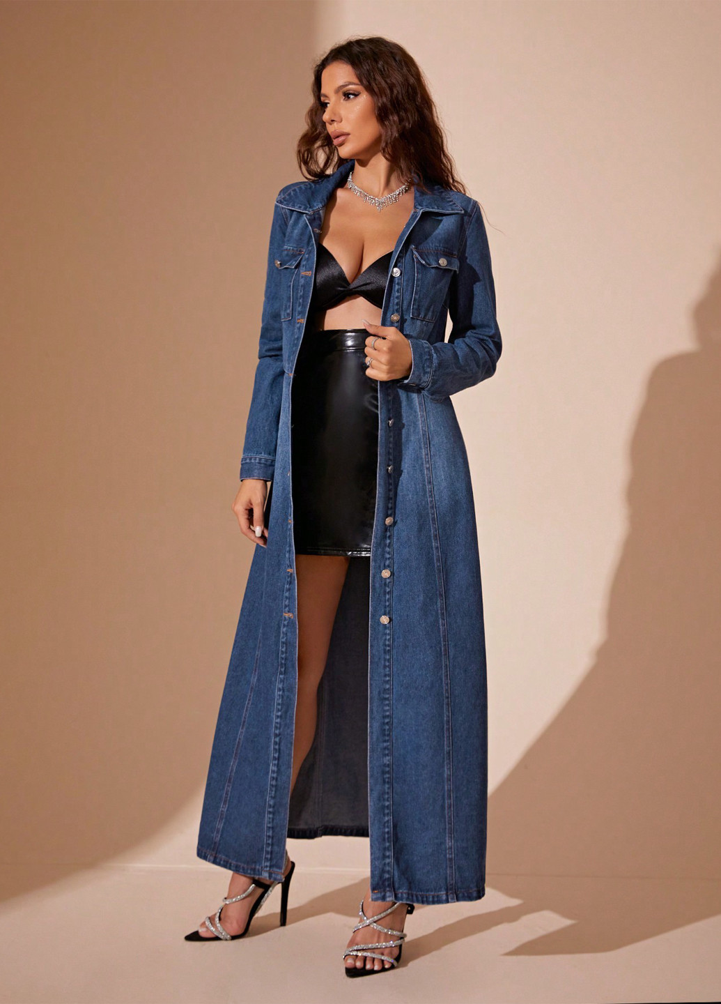 Темно-синя джинсова, кежуал сукня сукня-сорочка SHEIN однотонна