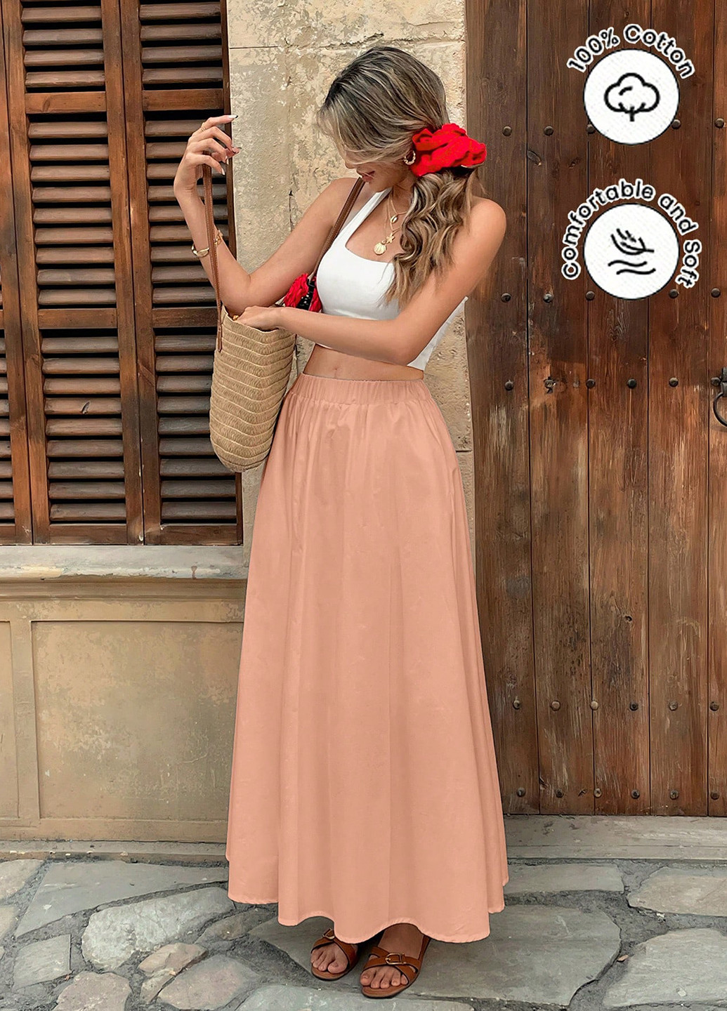 Персиковая кэжуал однотонная юбка SHEIN клешированная