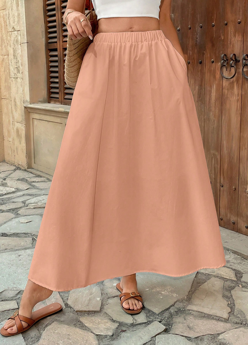 Персиковая кэжуал однотонная юбка SHEIN клешированная