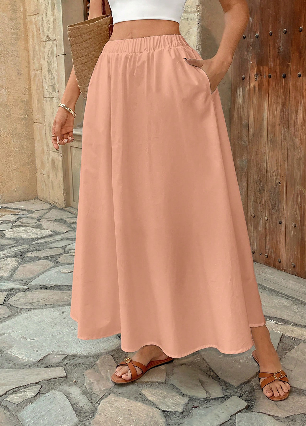 Персиковая кэжуал однотонная юбка SHEIN клешированная