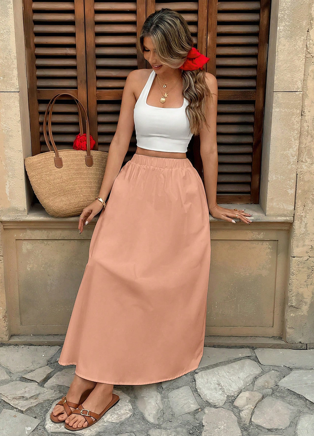 Персиковая кэжуал однотонная юбка SHEIN клешированная