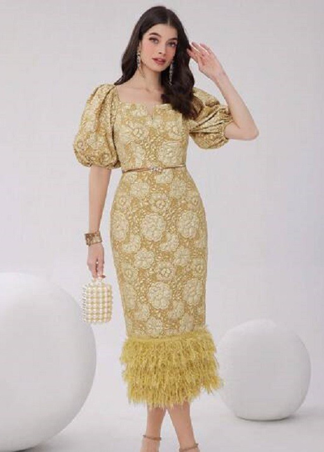 Горчичное коктейльное, вечернее платье SHEIN с цветочным принтом