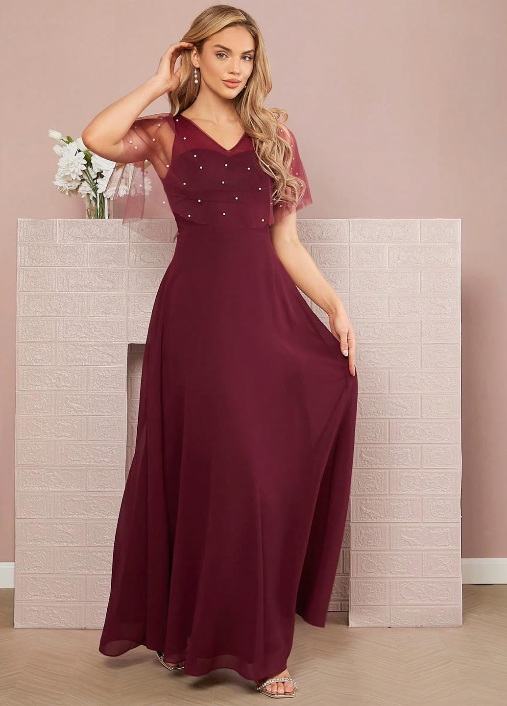 Бордова вечірня сукня кльош SHEIN однотонна