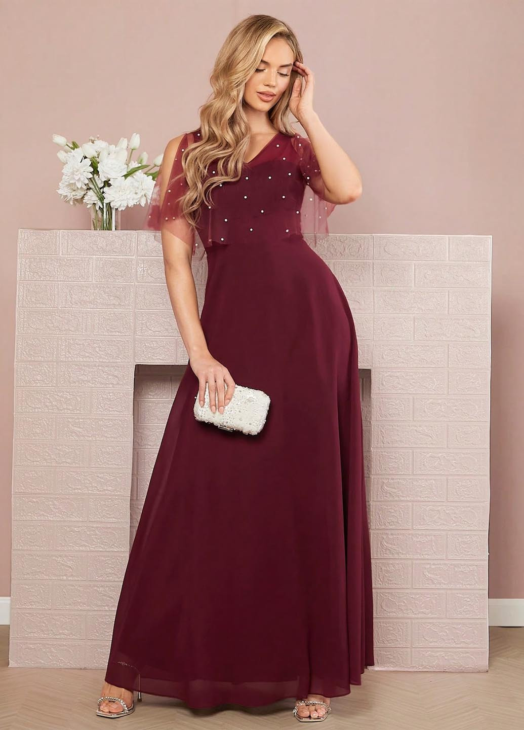 Бордова вечірня сукня кльош SHEIN однотонна