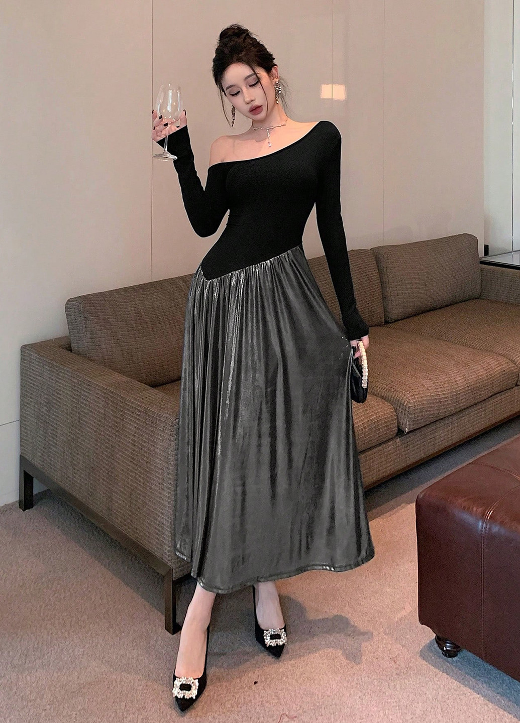 Серебряное праздничный, вечернее, деловое платье клеш, на одно плечо, а-силуэт SHEIN колор блок