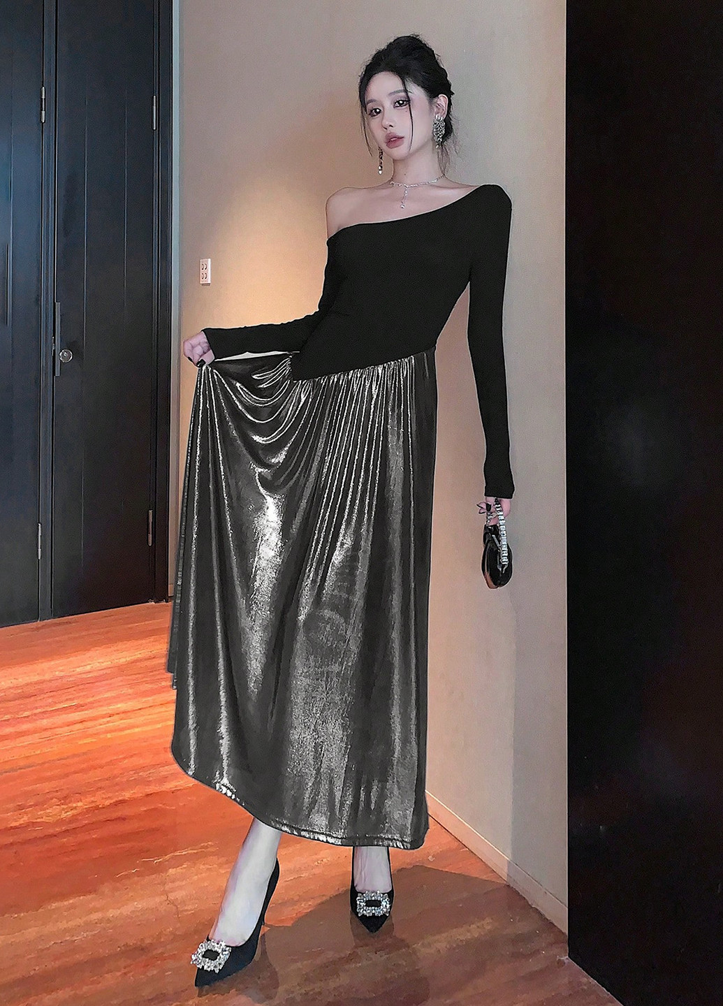 Серебряное праздничный, вечернее, деловое платье клеш, на одно плечо, а-силуэт SHEIN колор блок