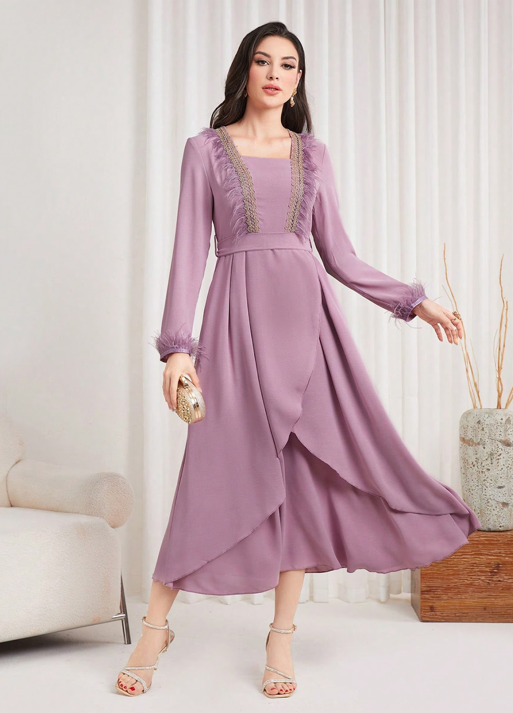 Лиловое праздничный, коктейльное платье на запах SHEIN однотонное