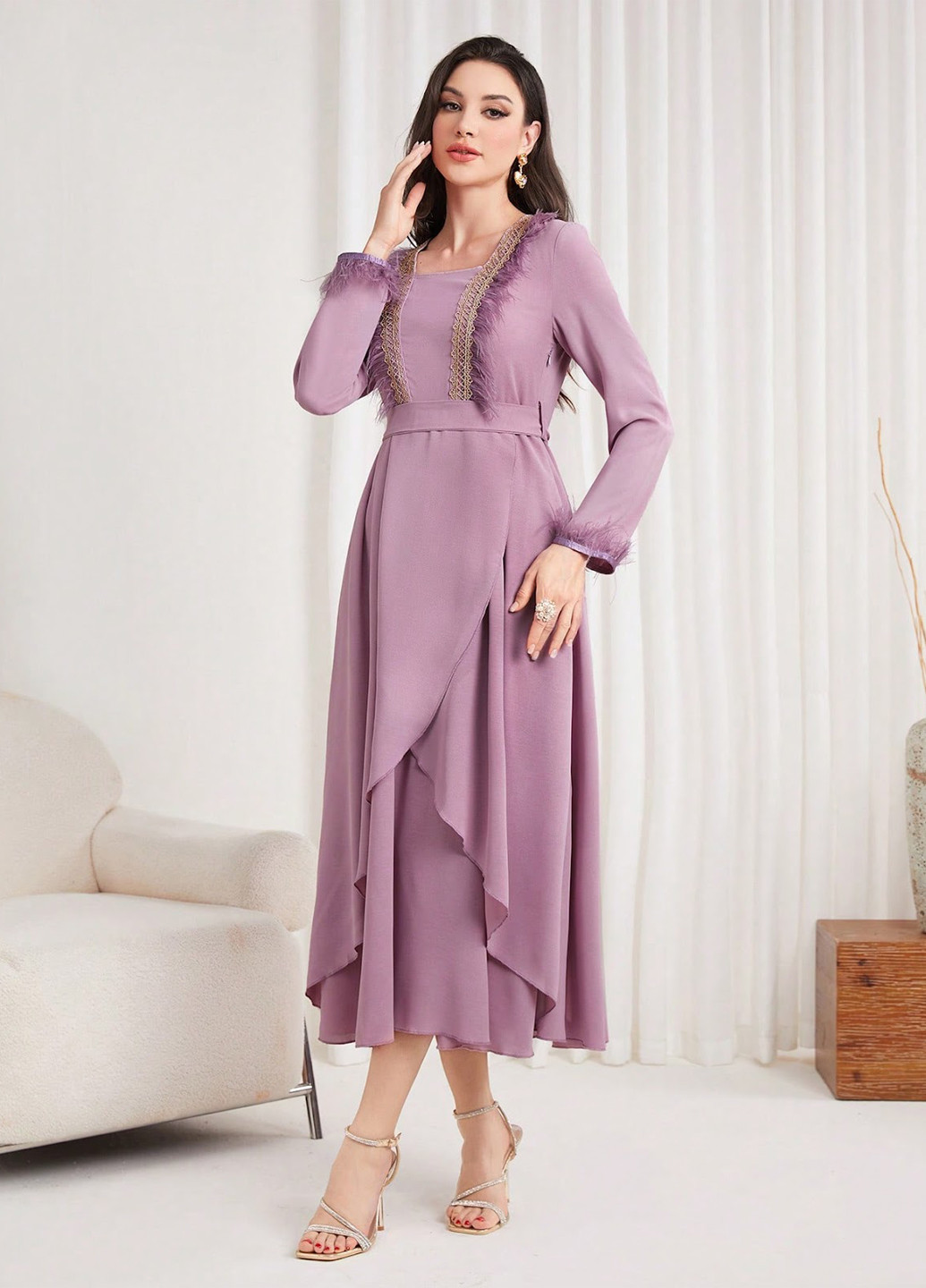 Лиловое праздничный, коктейльное платье на запах SHEIN однотонное