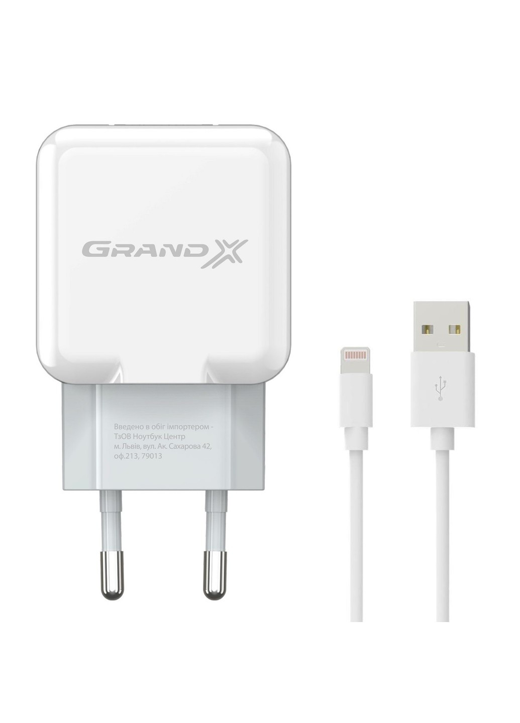 Зарядний пристрій CH03LTW USB 5V 2,1A White з захистом від перенавантажень + cable USB -> Lightning, Cu Grand-X (253878119)