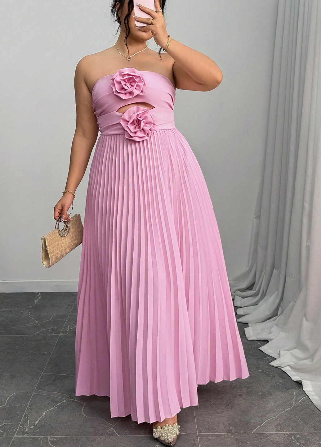 Розовое вечернее, кэжуал платье бандо, с открытыми плечами SHEIN однотонное