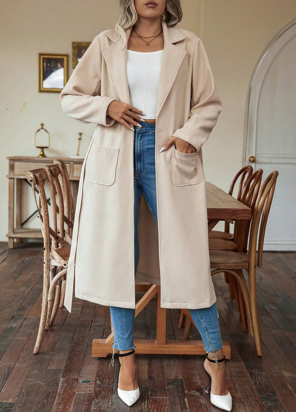 Светло-бежевое демисезонное Пальто SHEIN