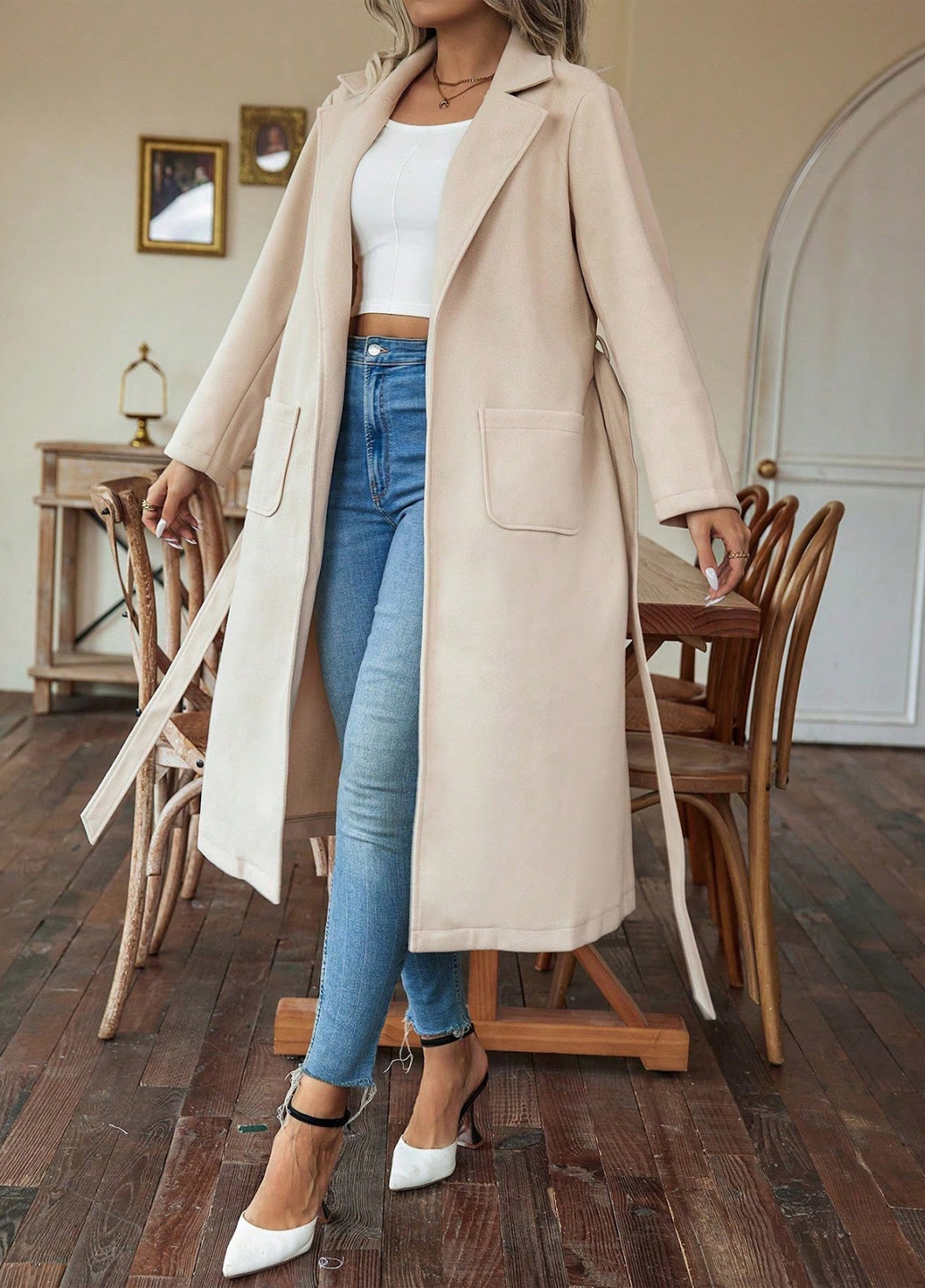 Светло-бежевое демисезонное Пальто SHEIN