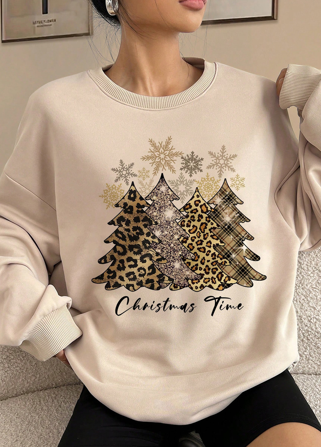 Кремовый свитшот SHEIN новогодний без декора (332811317)