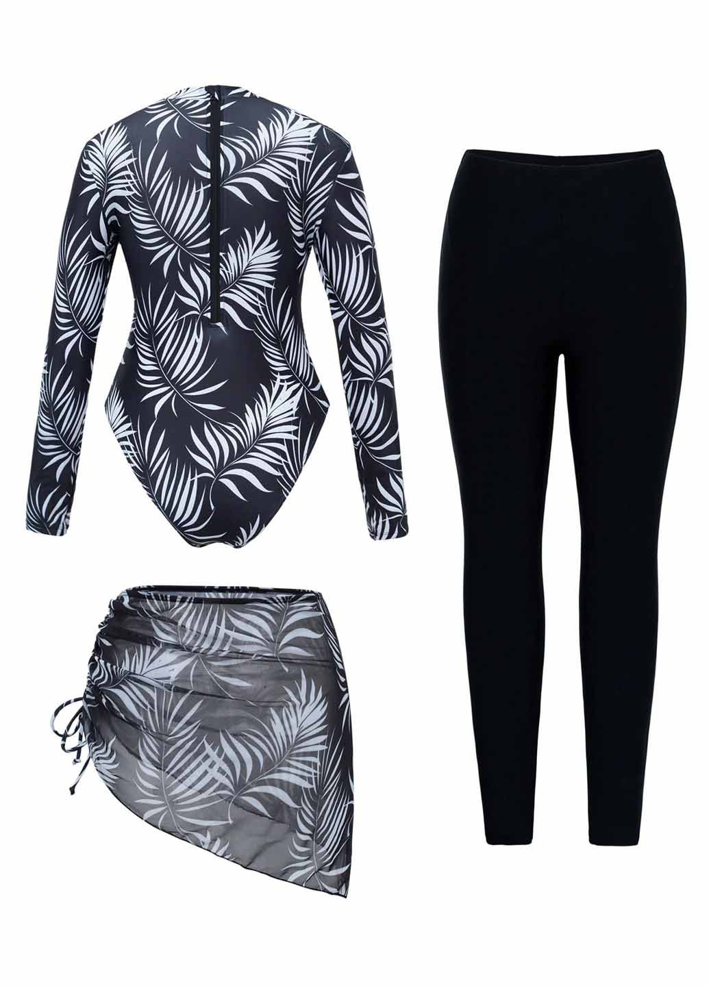 Черно-белый летний комплект (купальник, леггинсы, юбка) буркини SHEIN