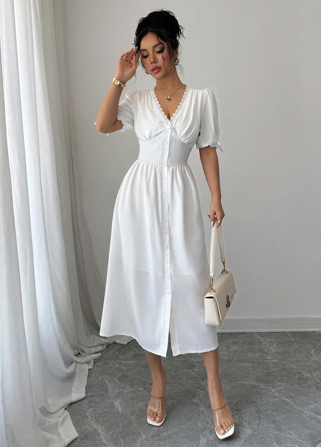 Белое праздничный, вечернее, кэжуал платье клеш SHEIN однотонное