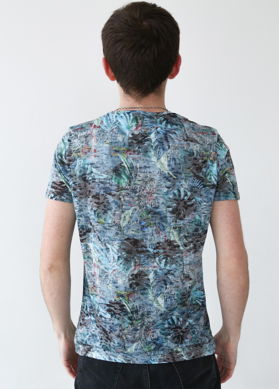 Синяя футболка мужская синяя тонкая с пальмовыми листьями Jean Piere