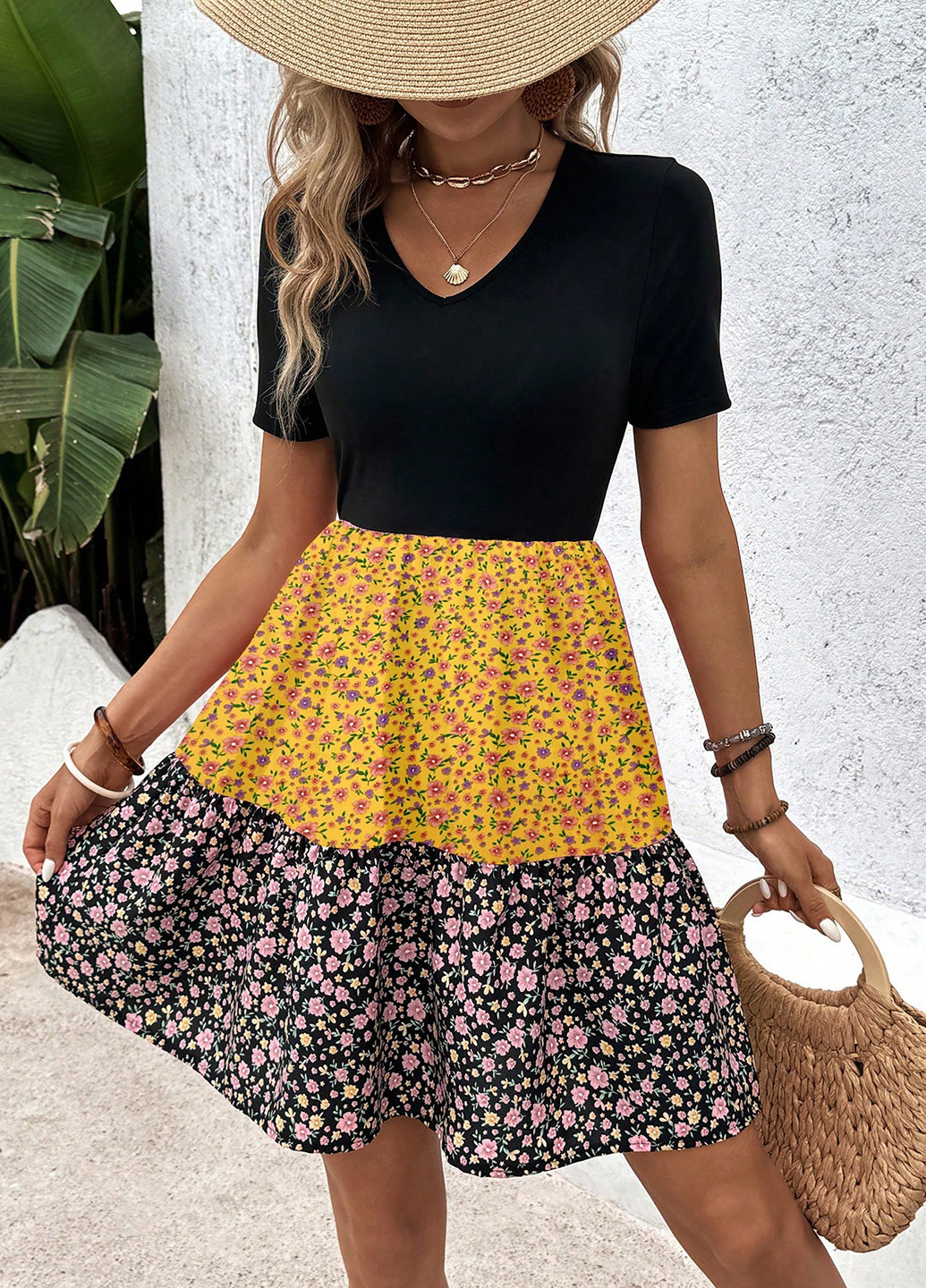 Комбінована кежуал сукня кльош SHEIN з квітковим принтом