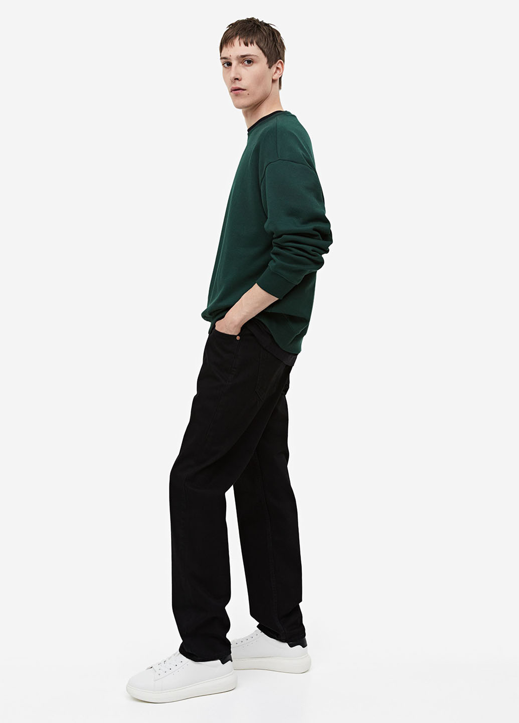 Свитшот H&M - Свободный крой однотонный темно-зеленый кэжуал хлопок, футер - (292951264)