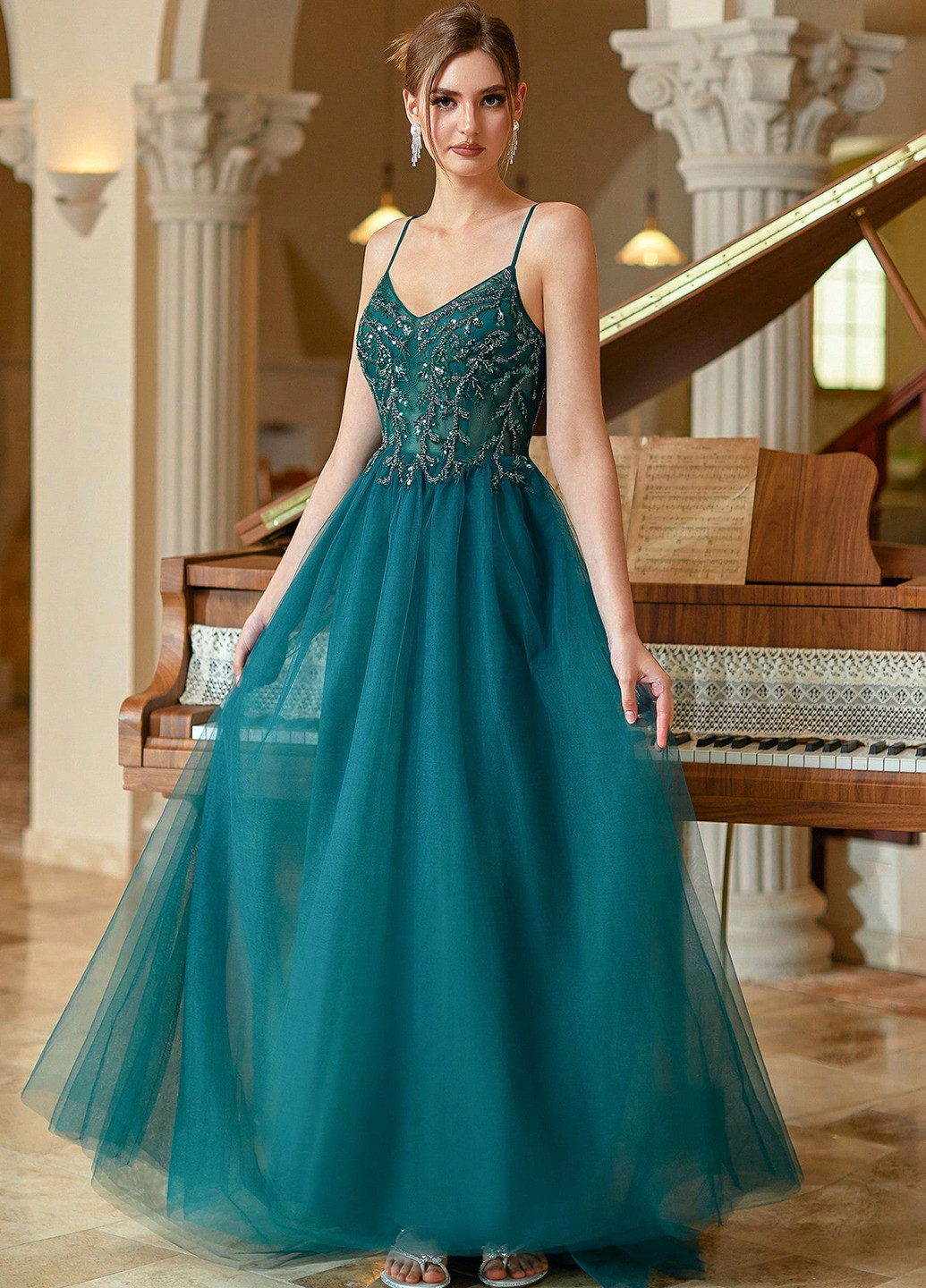 Смарагдова вечірня, святковий сукня зі шлейфом SHEIN однотонна