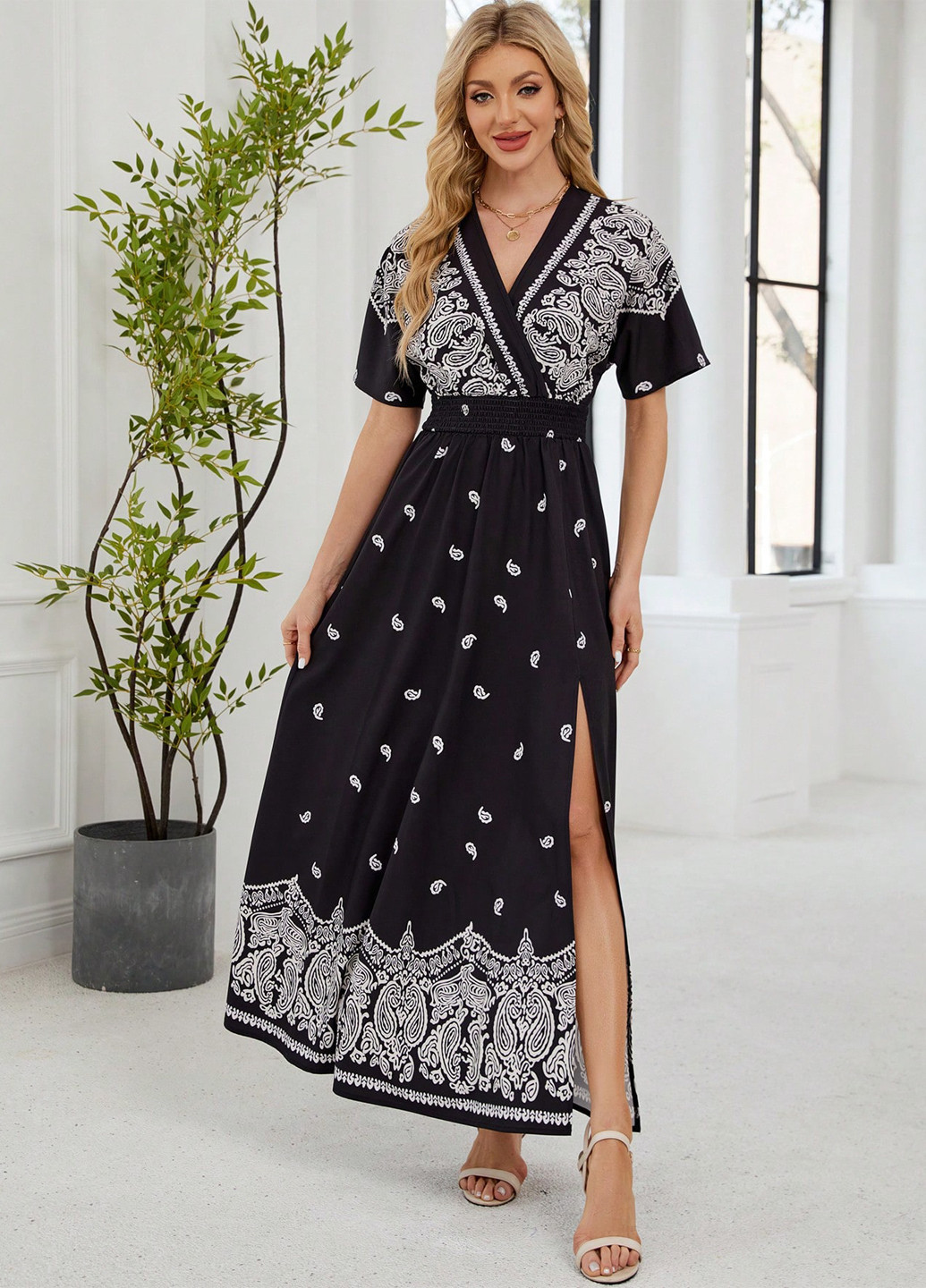 Чорно-білий пляжна, кежуал сукня в стилі армпір, кльош SHEIN турецькі огірки