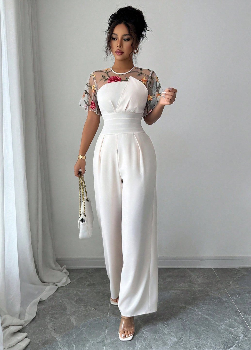 Комбинезон SHEIN комбинезон-брюки однотонный кремовый праздничный, вечерний полиэстер