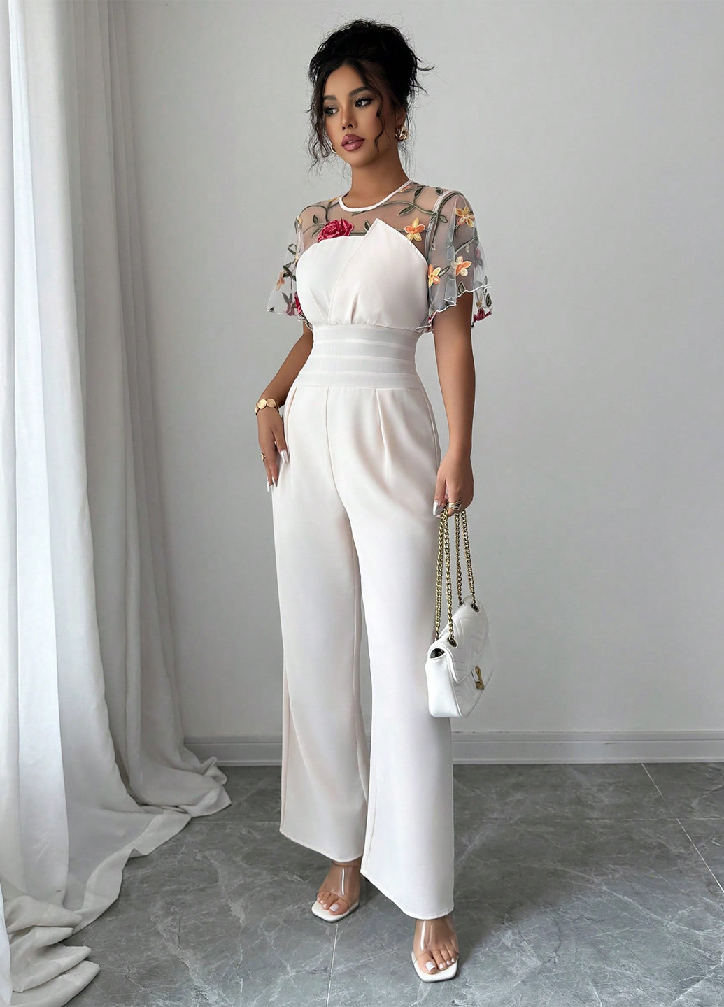 Комбинезон SHEIN комбинезон-брюки однотонный кремовый праздничный, вечерний полиэстер