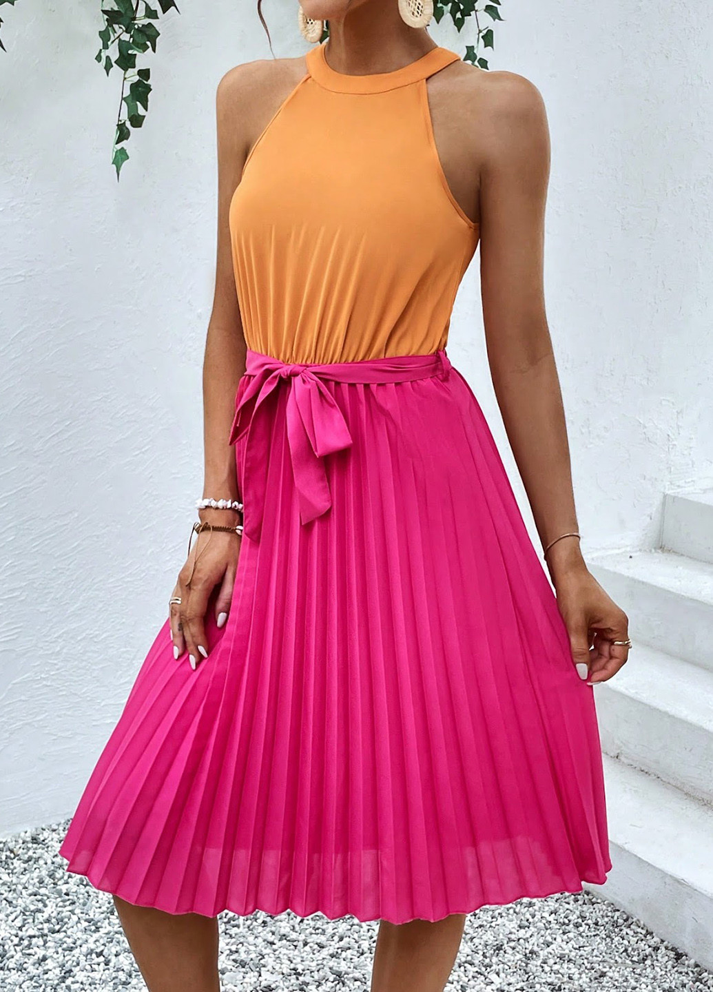 Розовое кэжуал платье плиссированное SHEIN колор блок