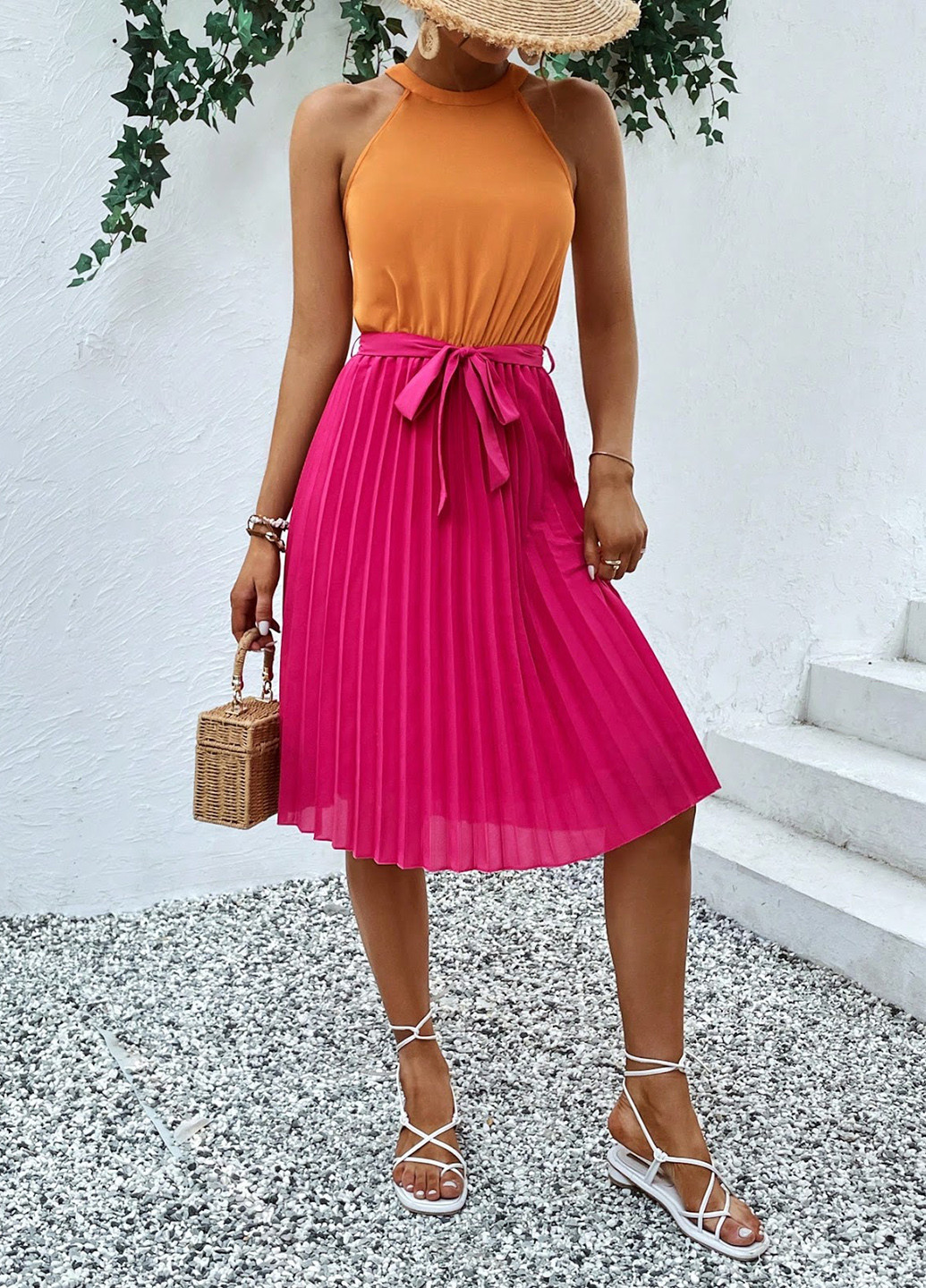 Розовое кэжуал платье плиссированное SHEIN колор блок