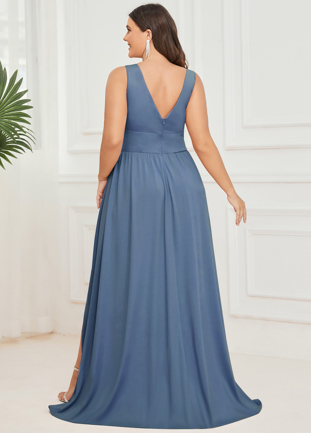 Серо-голубое праздничный, вечернее платье со шлейфом, а-силуэт SHEIN однотонное