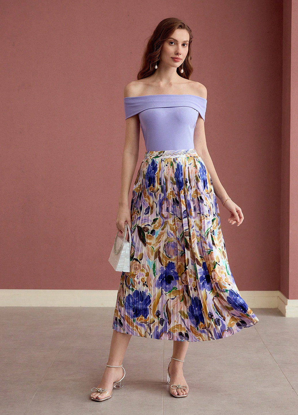 Лиловая кэжуал цветочной расцветки юбка SHEIN плиссе