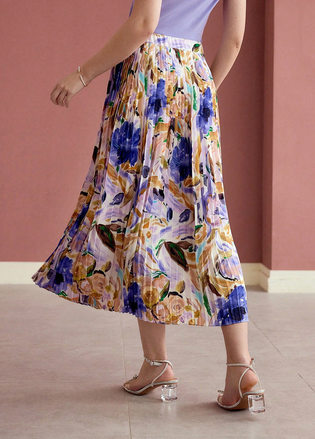 Лиловая кэжуал цветочной расцветки юбка SHEIN плиссе