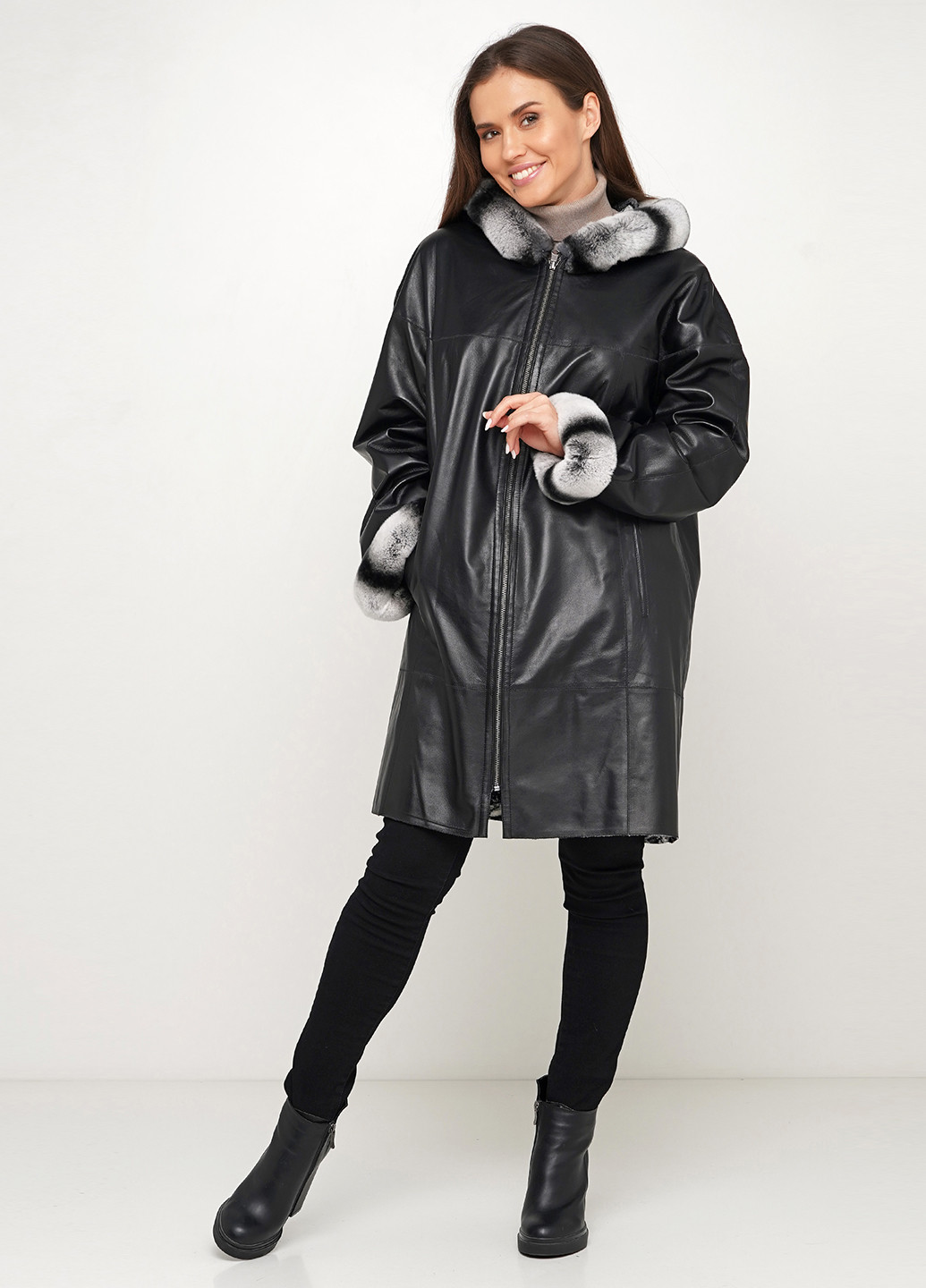 Черная демисезонная куртка 2-сторонняя кожаная (мех кролика) Leather Factory