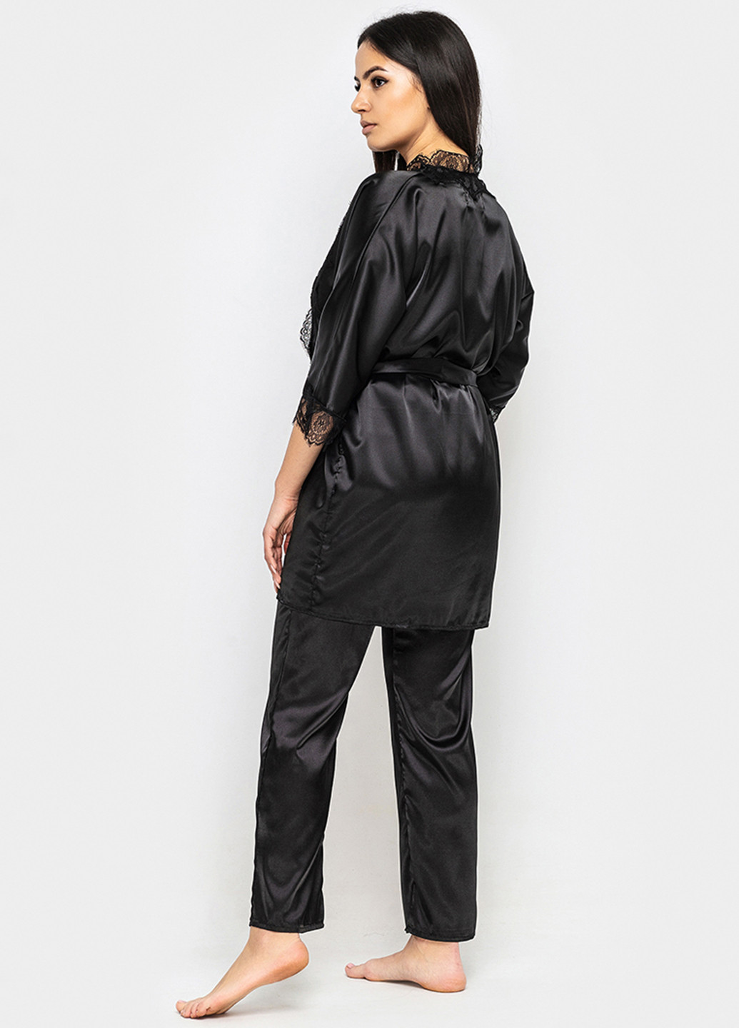 Чорний демісезонний комплект (халат, топ, брюки) Ghazel