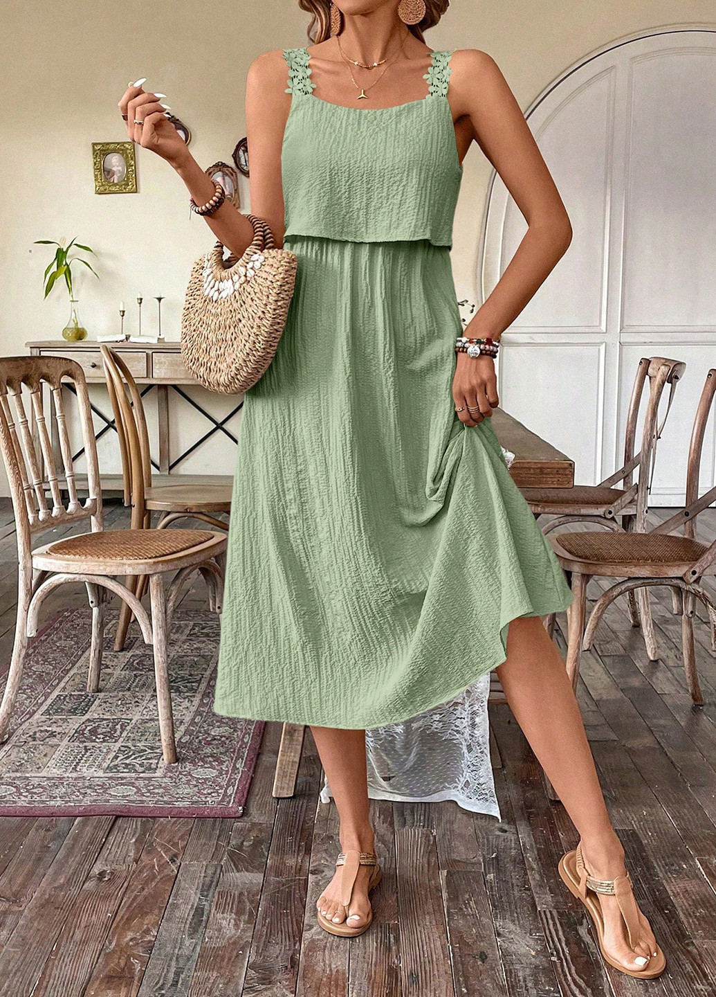 Светло-зеленое кэжуал платье клеш SHEIN однотонное