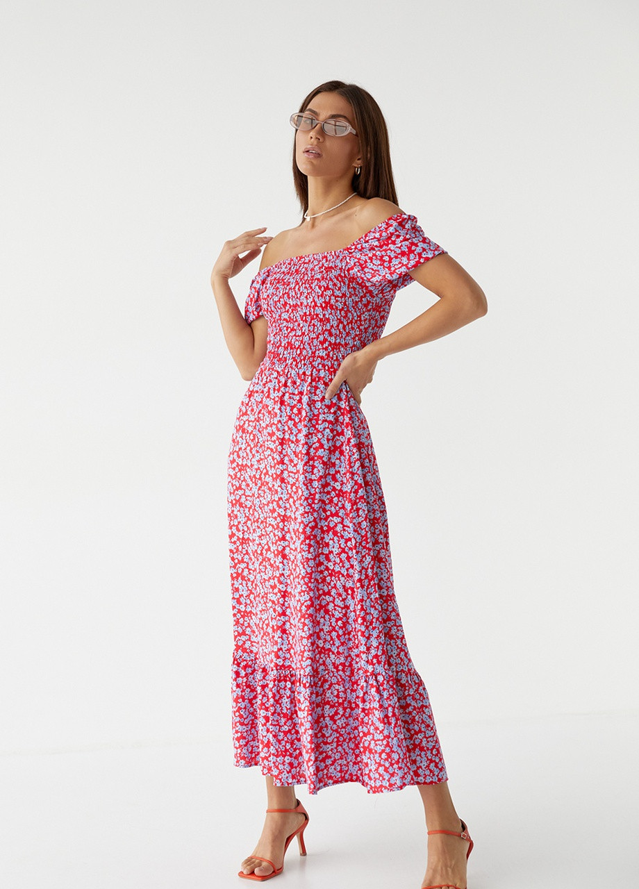 Лавандовое кэжуал длинное платье с эластичным поясом No Brand с цветочным принтом
