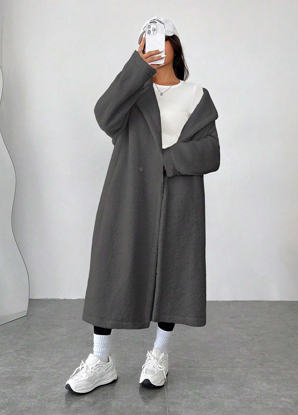Серое демисезонное Пальто двубортное SHEIN