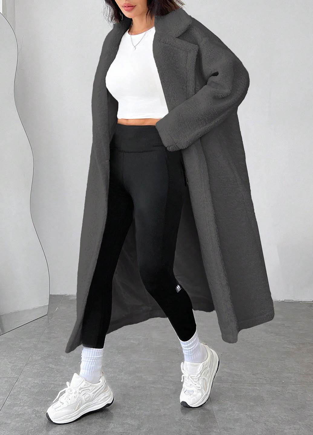 Серое демисезонное Пальто двубортное SHEIN