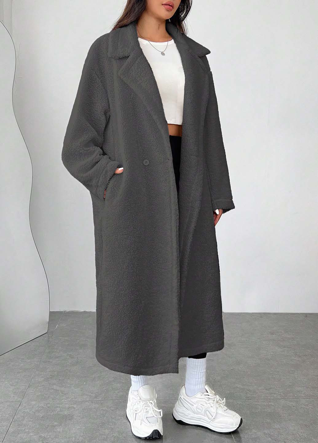 Серое демисезонное Пальто двубортное SHEIN